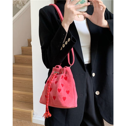 Embroidered Heart Pattern Women Shoulder Crossbody Bag Simple Pink Design Ladies Purse Handbag Casual Female Ourdoor Bucket Bags