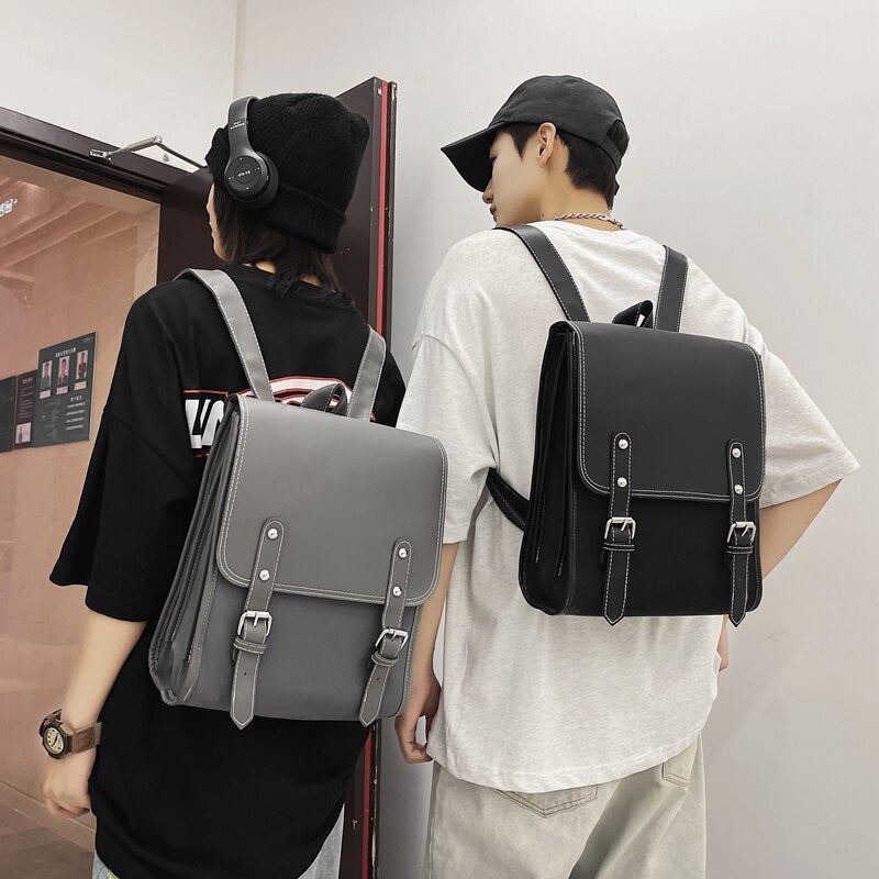 DCIMOR New PU Nyoln Women Backpack Men Cool Belt Buckle Travel Bag Fashion Square Schoolbag Unisex Small Bookbag Boy Girl Cute