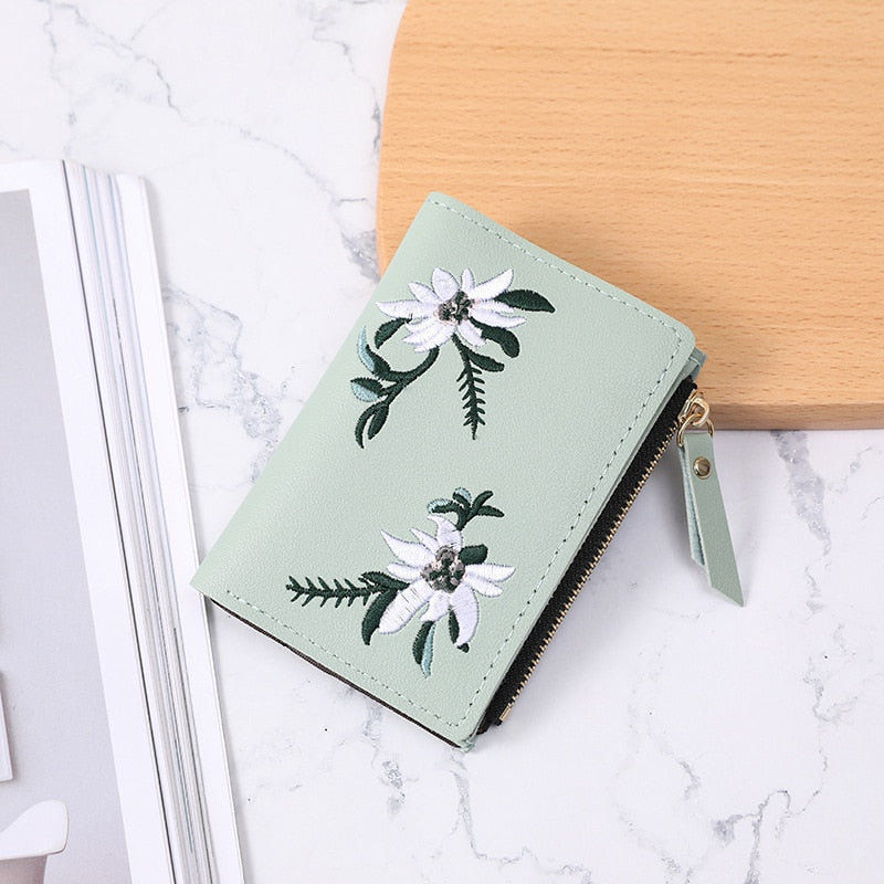 Women&#39;s Short Embroidered Flower Zipper Simple Student Coin Purse Thin Multi-card Fashion Wallet Women Handbag