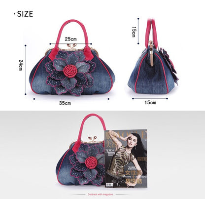 Fashion Women Vintage Roses Flowers Shoulder Bag Female Casual Handbag Girl Denim Messenger Bags Luxury Brand Handbags