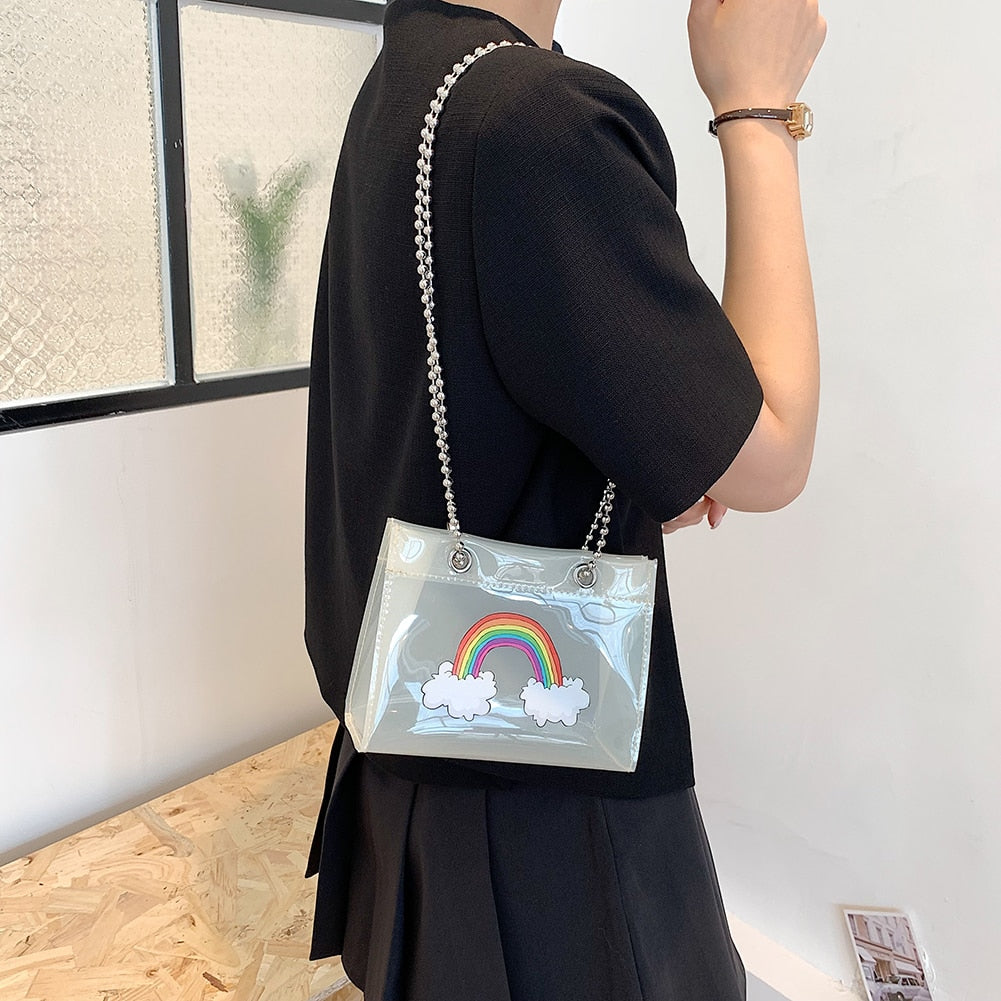 Cartoon Rainbow PVC Shoulder Bags Women Clear Casual Chain Small Jelly Bags Crossbody Handbags for Girl Purse Messenger Hand Bag