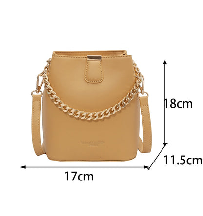 Women Fashion Pu Leather Bucket Shoulder Bags Pure Color Messenger Bag Female White Tote Crossbody Bag Chain Casual Handbags Sac