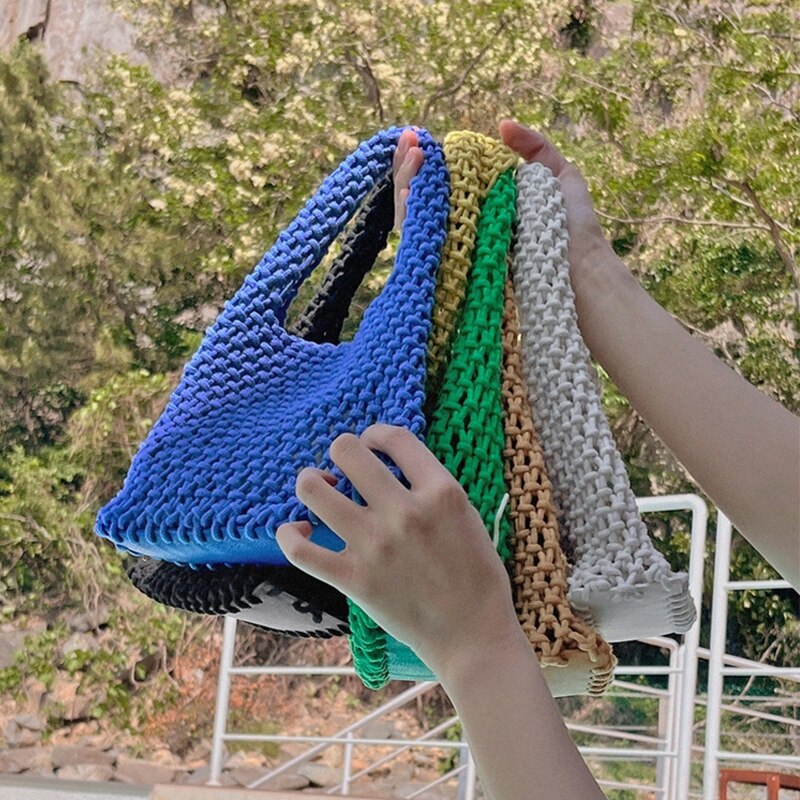 New Cotton Thread Knitted Women Handbags Ladies Net Hollow Out Mini Tote Bag Women Woven Shoulder Bag Beach Bag Sets Fashion Ins
