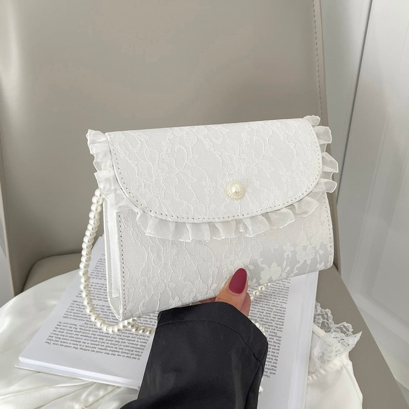 Vintage Lace Pearl Chain Ladies Small Square Shoulder Bag Retro Crossbody Bags Female Clutch Purse Handbags for Women