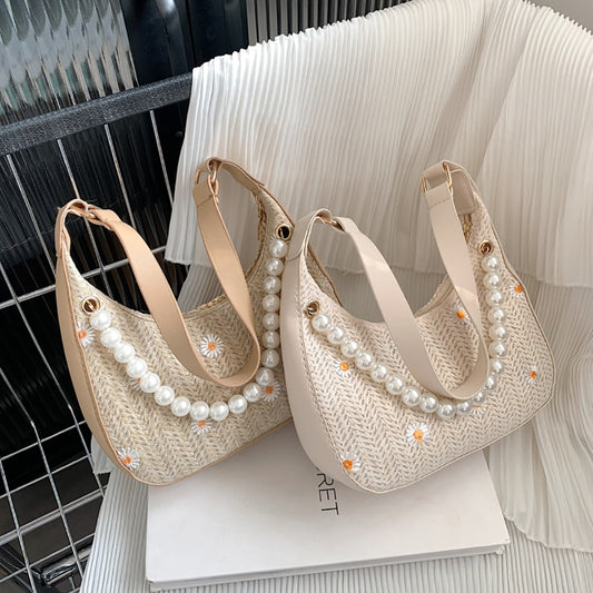 Casual Daisy Printing Women Shoulder Underarm Bags Summer Beach Handwoven Small Top-Handle Handbags Straw Female Shoulder Bags