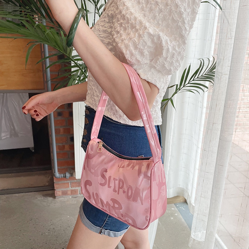 Ladies Shoulder Underarm Bags Tote Casual Nylon Women Daily Small Handbags Vintage Letters Printing Female Simple Shoulder Bags