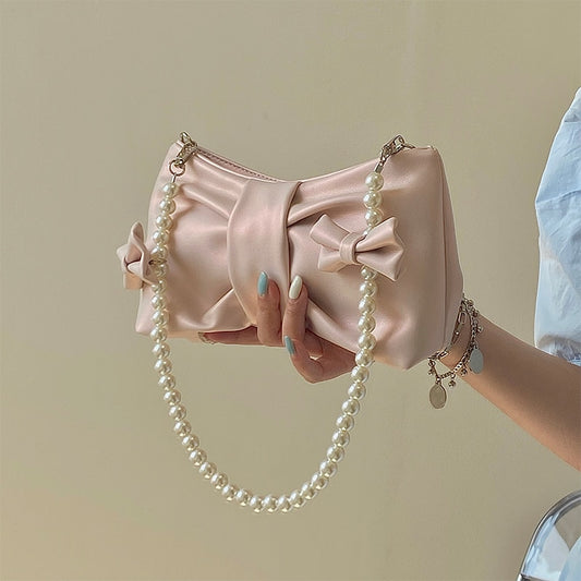 Girly Pearl Bow Cute Underarm Bag Fairy Women's Small Pink Shoulder Bag Soft PU Leather Female Pearlescent Clutch Purse Handbags