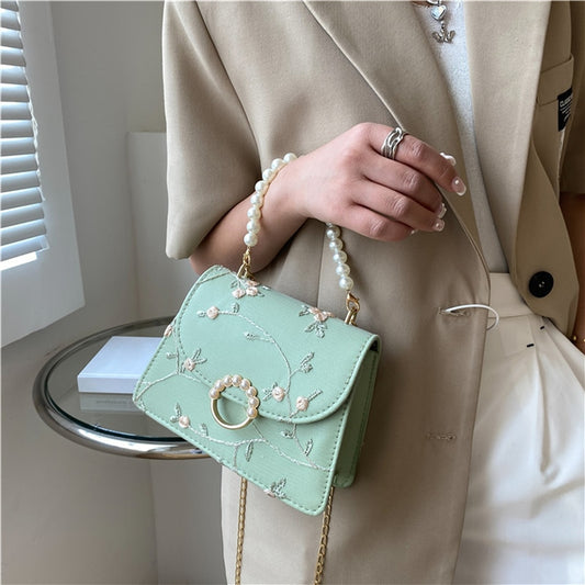 Women PU Net Yarn Flower Embroidery Shoulder Bags Messenger Bags Vintage Pearl Chain Handbags Female Fashion Flap Crossbody Bags