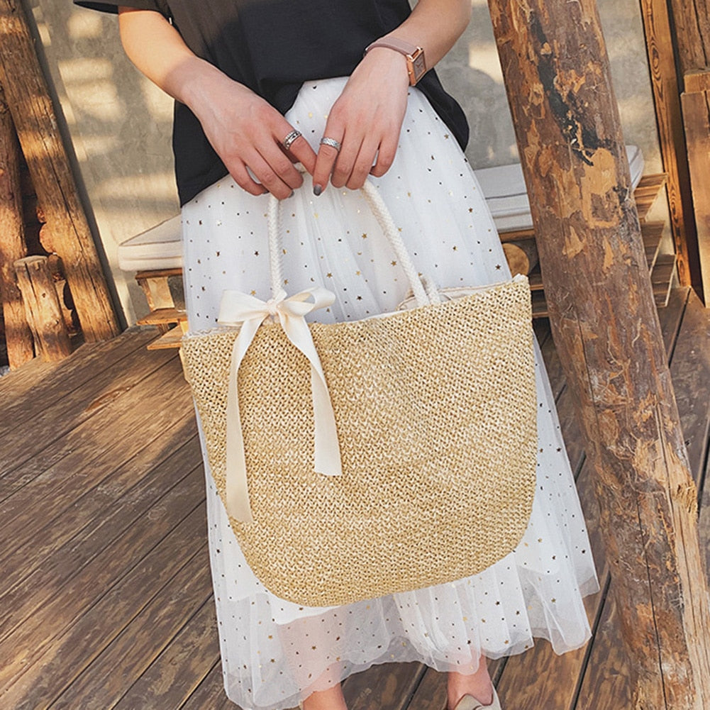 Large Capacity Handmade Weave Straw Handbags with Bow Women Shoulder Bags Fashion Drawstring Shopping Bags Tote Top-handle Bags