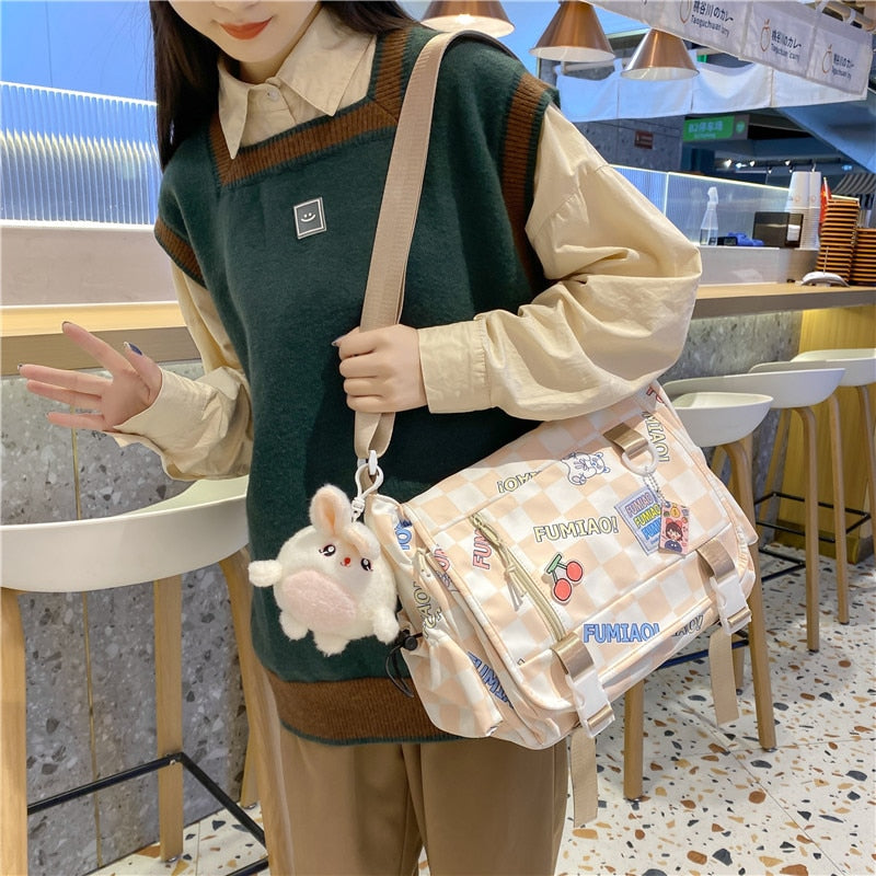 Japanese Cute Women Plaid Messenger Bags Ladies Cover Shoulder Crossbody Bag Sweet  Teenager Girls Checkerboard Bunny Handbags