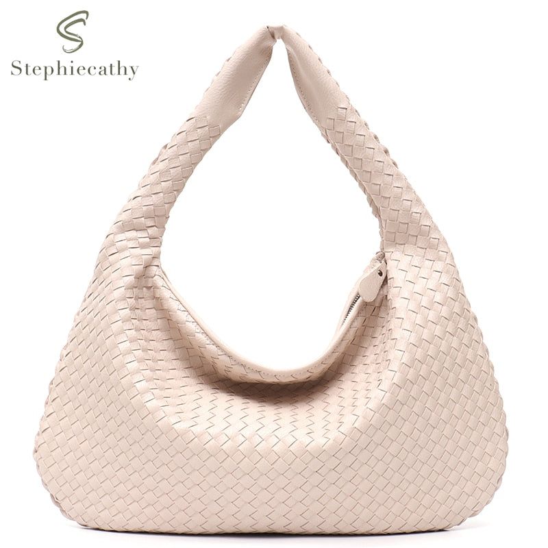 SC Brand New Vegan Leather Hobo Bag Handmade Woven Casual Female Handbag Big Capacity Patchwork Zipper Women Shoulder Bags