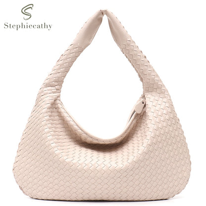 SC Brand New Vegan Leather Hobo Bag Handmade Woven Casual Female Handbag Big Capacity Patchwork Zipper Women Shoulder Bags