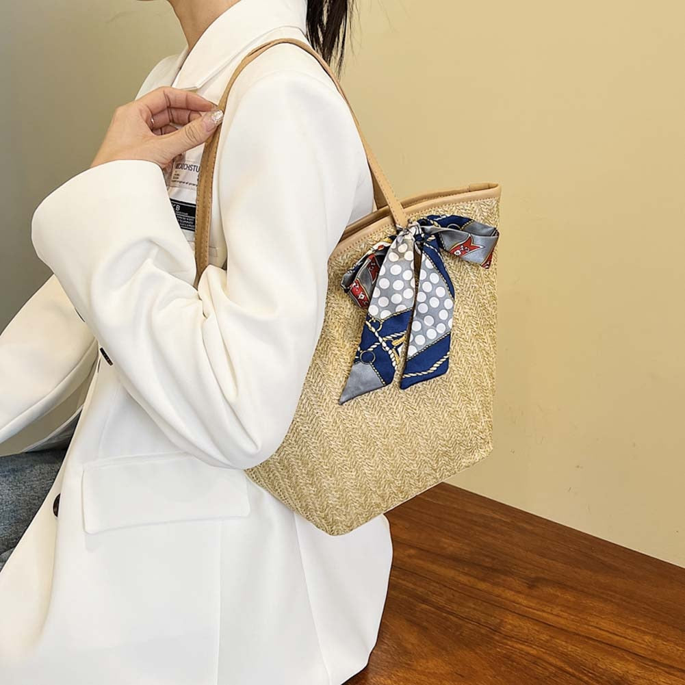 Summer Beach Straw Handbags with Silk Scarf Casual Large Capacity Ladies Daily Totes Bags Fashion Woven Women Shoulder Bags