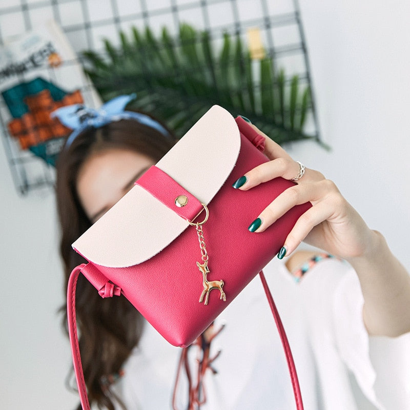 Fashion Simply PU Leather Elk Crossbody Bag for Women Solid Color Shoulder Messenger Bag Lady Pendant Deer Travel Small Handbag