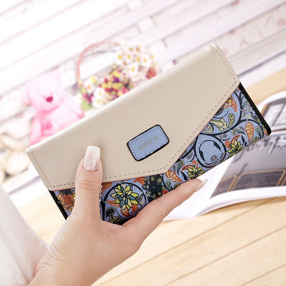 Women Envelope Floral Long Wallet Hit Color Tri-fold Flowers Printing Female  Pu Leather Hasp Coin Purses Lady Clutch Phone Bag