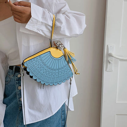 Summer Novel Handbags Chinese Style Folding Fan Shoulder Bags for Women New Fashion Chain Crossbody Purse Pu Leather Bags Ladies