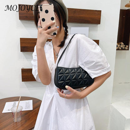 Fashion Women Embossed Geometric PU Leather Shoulder Handbag Checker Pattern  Underarm Bag Casual Ladies Solid Color Small Purse