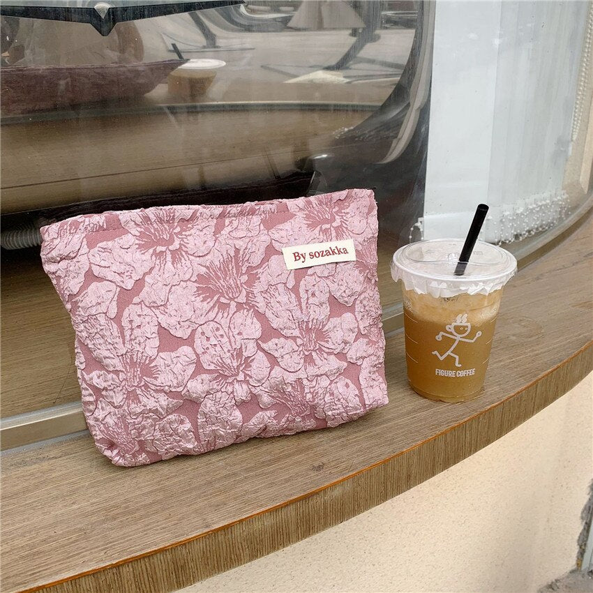 Enbossed Floral Women Makeup Cotton Fabric Bags Girl Cosmetic Cases Necesserie Storage Pouch Travel Toiletry Bathroom Wash Bags