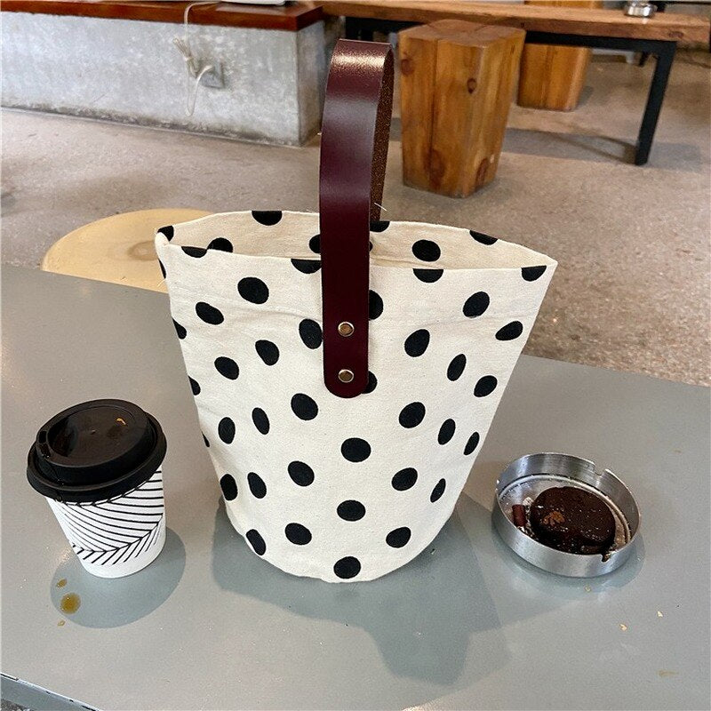 French Retro Dot Women Canvas Handbags Fashion Smiley Ladies Picnic Bucket Bag Reusable Cotton Portable Lunch Box Bags Purses