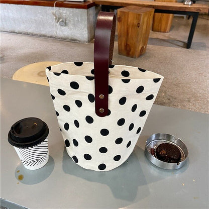 French Retro Dot Women Canvas Handbags Fashion Smiley Ladies Picnic Bucket Bag Reusable Cotton Portable Lunch Box Bags Purses