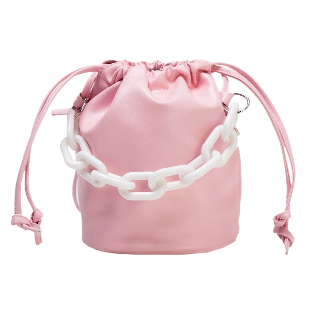 Drawstring Shoulder Bag Women PU Chain Bucket Handbags Female Solid Color Purse Youth Ladies Simple Versatile Bag