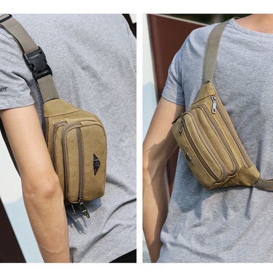 Canvas waist bag men&#39;s multi-compartment sports chest bag small cloth bag mobile phone bag fitness bag multi-functional wallet