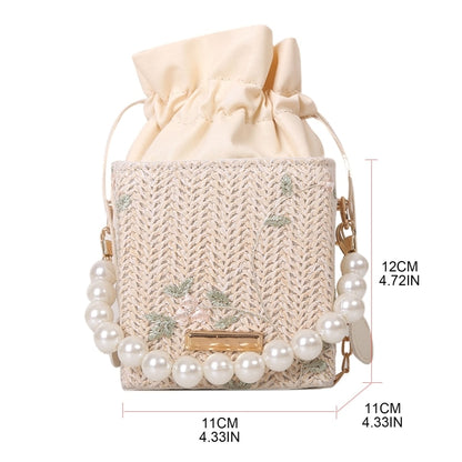 Women Straw Purses Artificial Peral Chain Handbags Summer Rattan Crossbody Bags Ladies Beach Basket Drawstring Hand Bags