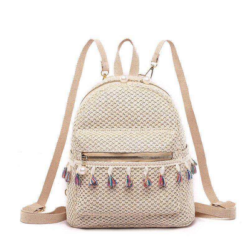 Fashion Tassels Women Backpacks Straw female Shoulder bag National Beach Backpack Teenage Girl Travel Rucksack bags bolsa khaki