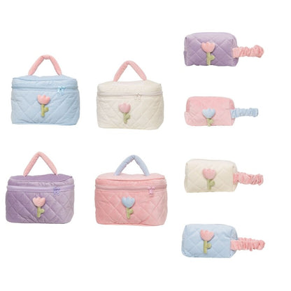 Women&#39;s Tulip Flowers Pouch Large Capacity Travel Cosmetic Bag Corduroy Zipper Toiletry Bags Portable Storage Box Casual Organiz