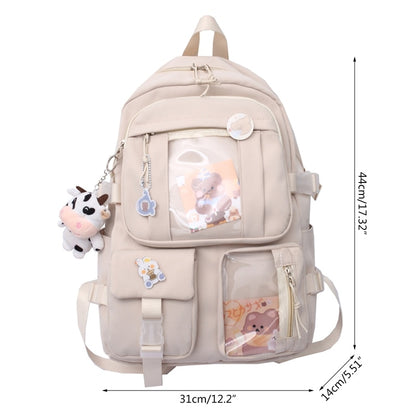 28GD Women Girls Student Cute Backpack Harajuku Japanese Style Aesthetic Multi-Pocket School Bag with Pendant Laptop Book Pack