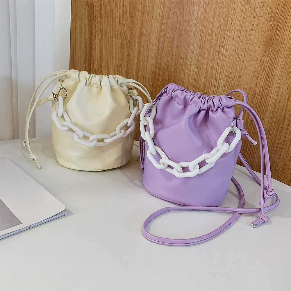 Drawstring Shoulder Bag Women PU Chain Bucket Handbags Female Solid Color Purse Youth Ladies Simple Versatile Bag