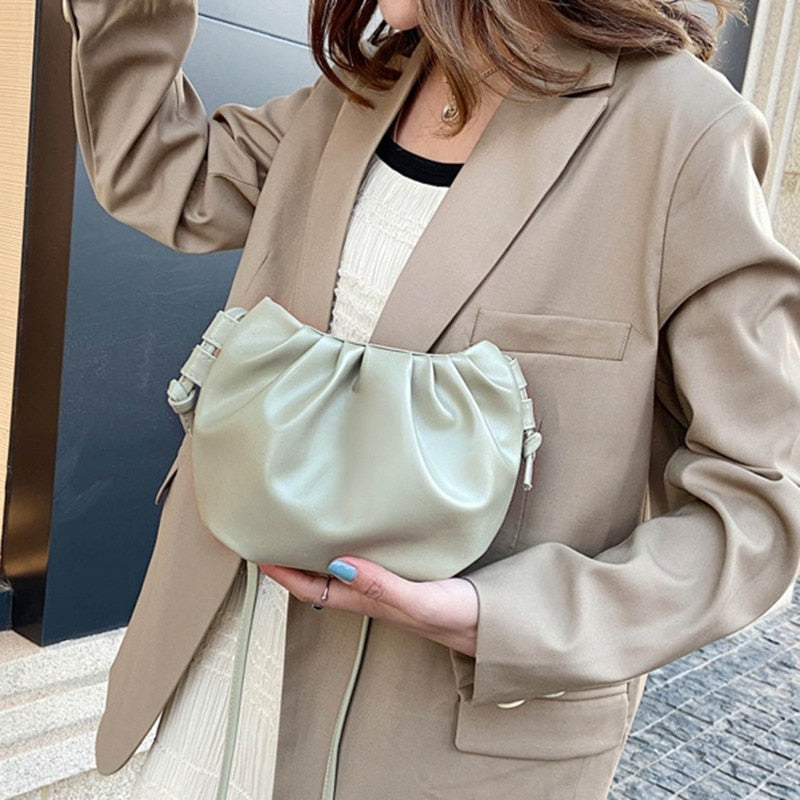 Women Shoulder Bag Small Leather Crossbody Bag Female Solid Color Pleated Design Ladies Messenger Bag Mini Zipper Cloud Bag