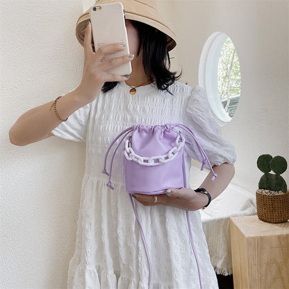 Drawstring Shoulder Bag Women PU Chain Bucket Handbags Female Solid Color Purse Youth Ladies Simple Versatile Bag