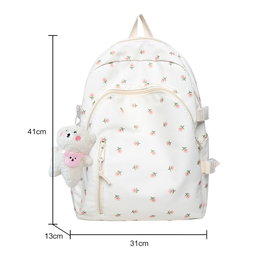 Fashion New Floral Women Backpack Large Capacity Nylon Schoolbag College Teenage Girl Travel Book Bags with Pendant Decoration