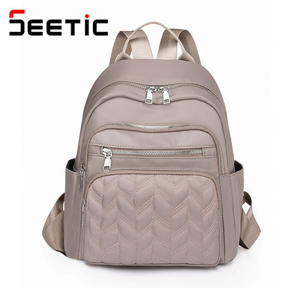 SEETIC Casual Oxford Backpack Women Waterproof School Bag Quality Ladies Travel Bag Solid Color Multiple Pockets Backpack Female