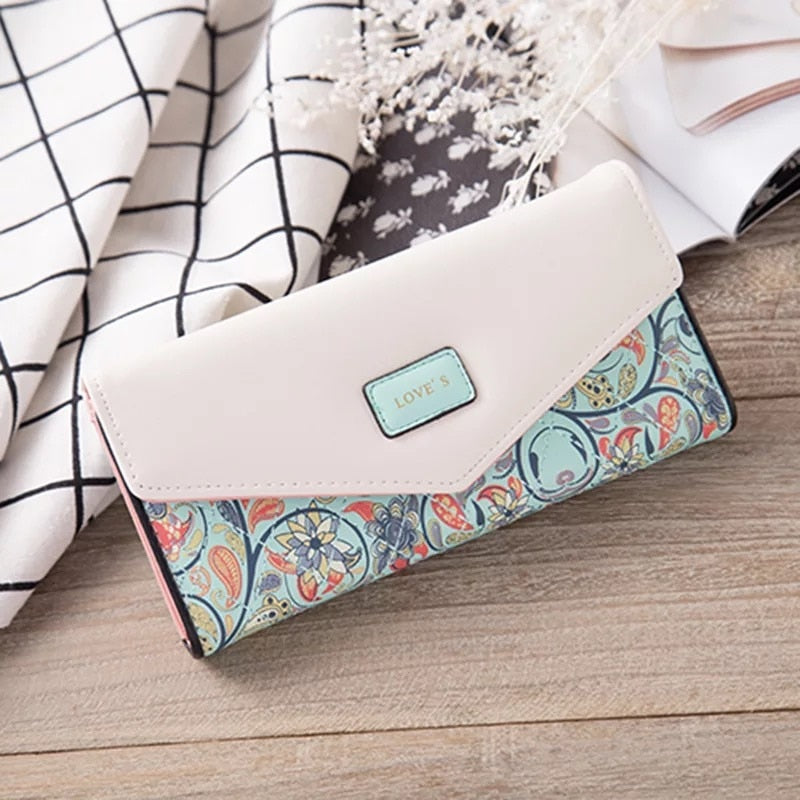 Women Envelope Floral Long Wallet Hit Color Tri-fold Flowers Printing Female  Pu Leather Hasp Coin Purses Lady Clutch Phone Bag