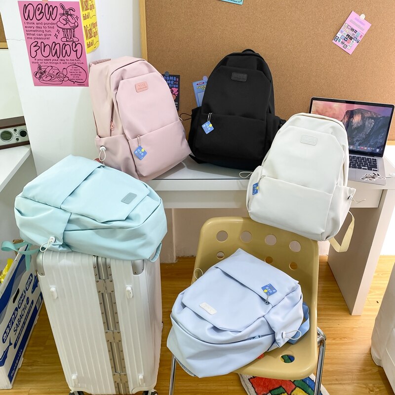 DCIMOR New Waterproof Nylon Women Backpack Female Solid Color Portable Travel Bag Kawaii Girl Big Schoolbag Preppy Badge Bookbag