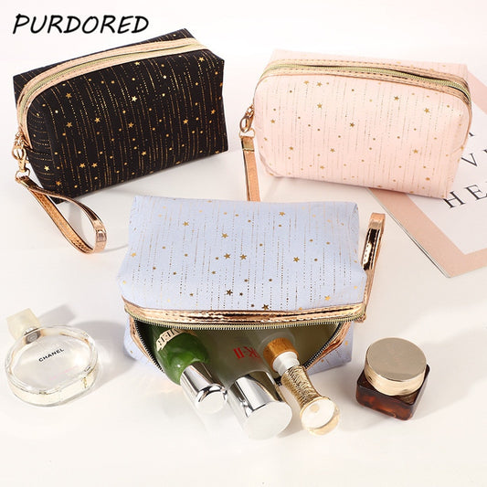 PURDORED 1 Pc Women Star Makeup Bag Travel Large Makeup Storage Organizer Zipper Beauty Case Travel Toiletry Bag with Wrist Band