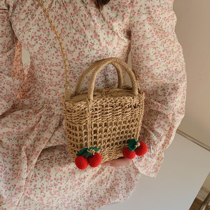 Straw Paper Weave Shoulder Bag Women Woven Designer Crossbody Bag Summer Hollow Out Messenger Bag Female Cherry Pendant Handbags