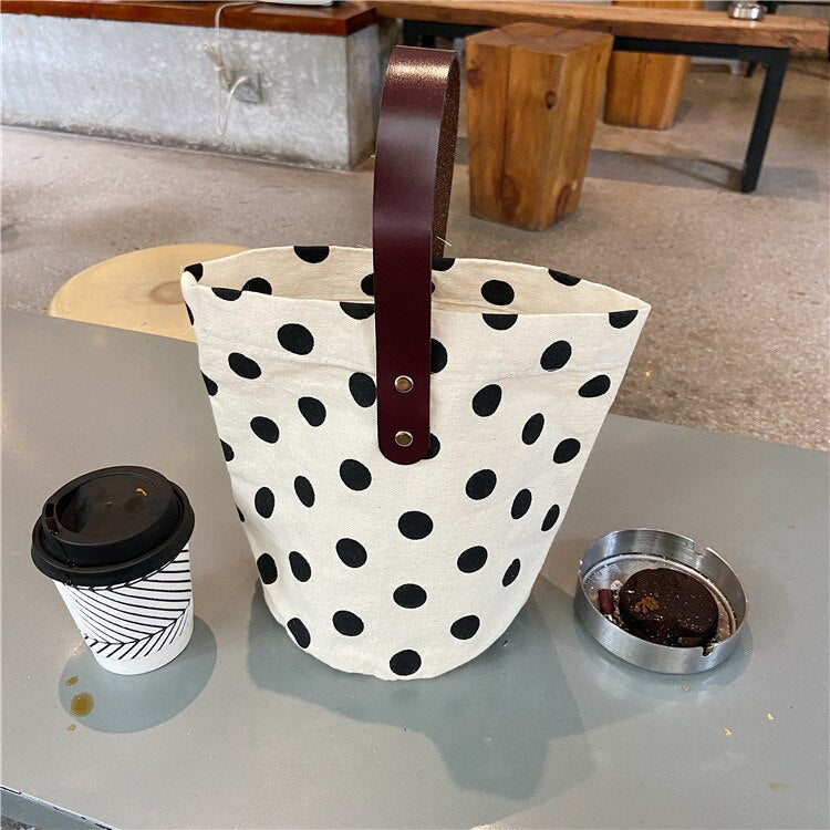 French Retro Dot Women Canvas Handbags Fashion Smiley Ladies Picnic Bucket Bag Reusable Cotton Portable Lunch Box Bags Purses