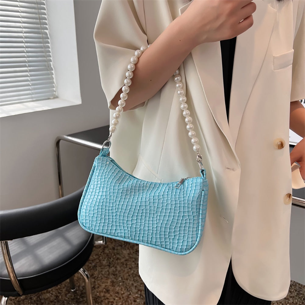 Fashion Women PU Leather Shoulder Bags Stone Pattern Solid Pearl Chain Underarm Bag Casual Ladies Small Hobos Handbags Purses