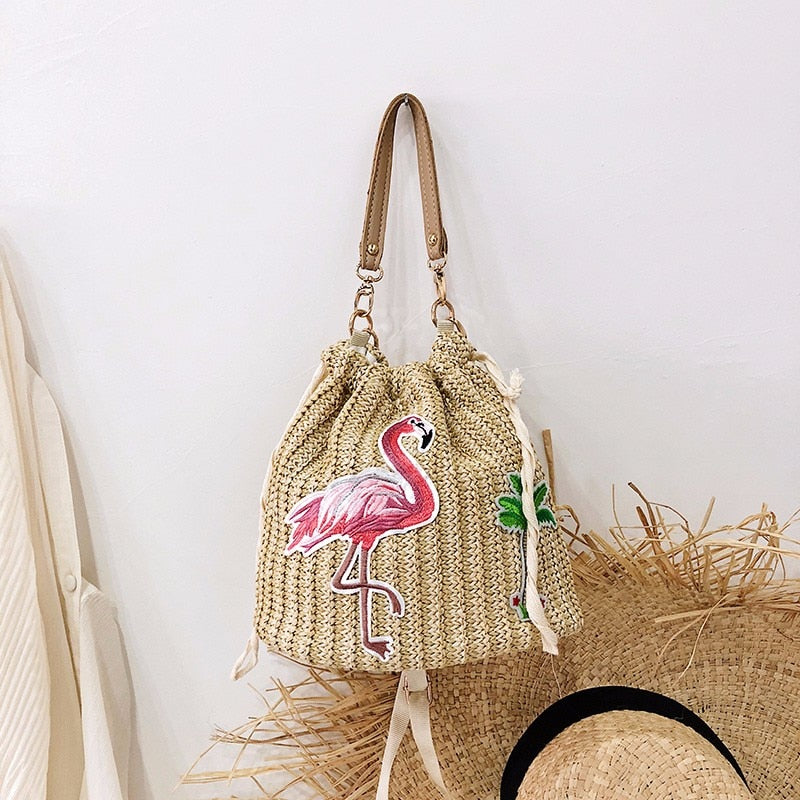 Women&#39;s Crossbody Bag Bohemian Summer Straw Beach Bags Lace Female Handbag Pearl Shoulder Messenger Bags Drawstring Bucket Bag