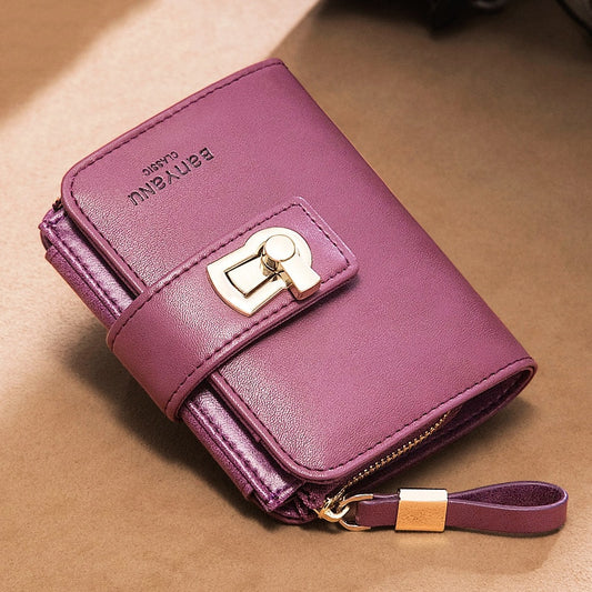 Women&#39;s Wallet Top Cowhide RFID Card Holder Luxury Genuine Leather Coin Purse Female Fashion Lock Walet Ladies Small Money Bag