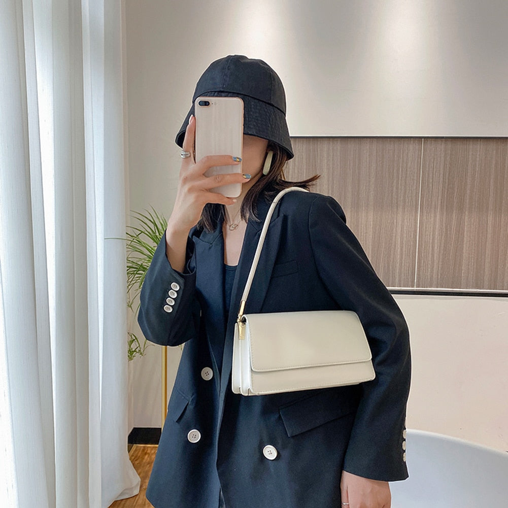 Simple Solid Color Women Shoulder Bags Totes PU Leather Fashion Flap Small Top-Handle Bags Female Casual Underarm Bags Handbags