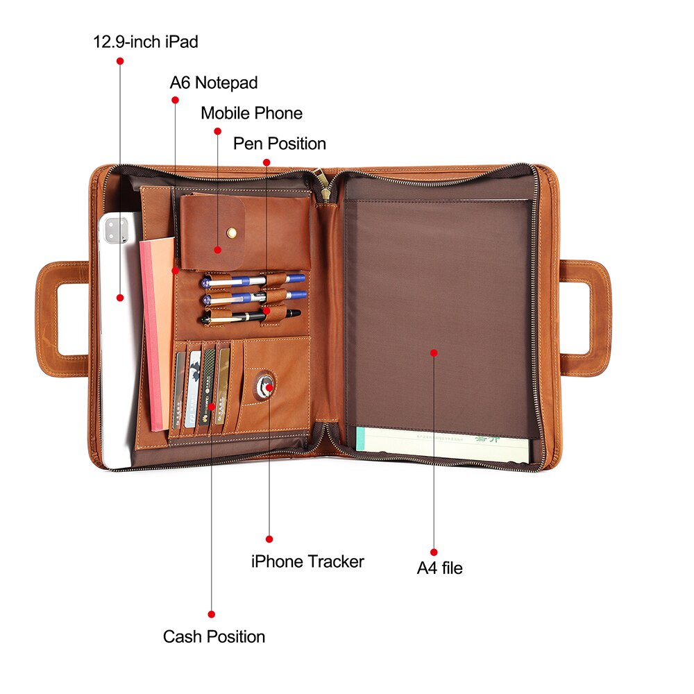 JOYIR Crazy Horse Leather Briefcase Portfolio Case Men Multi Pocket Padfolio Cover Bussiness Document A4 Organizer Tablet Holder