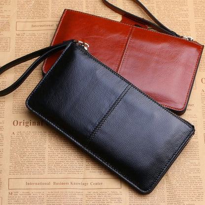 Women&#39;s Vintage Oil Wax Leather Zipper Clutch Wallet Female Large Capacity Coin Purse Ladies Wristband Simple Card Holder Wallet