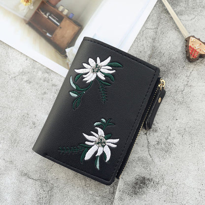 Women&#39;s Short Embroidered Flower Zipper Simple Student Coin Purse Thin Multi-card Fashion Wallet Women Handbag