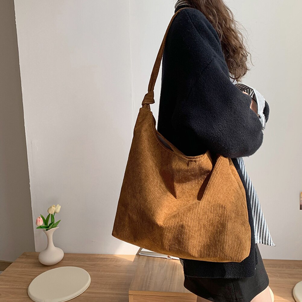 Retro Women Shoulder Bags Solid Color Handbags Leisure Ladies Girls Corduroy Top-Handle Bag Daily Traveling Commuter Bag