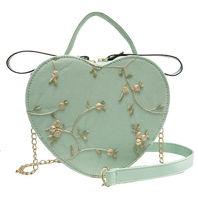 Female Sweet Lace Heart Round Handbags High Quality PU Leather Cross Body Bags for Women Small Fresh Flower Chain Shoulder Bags