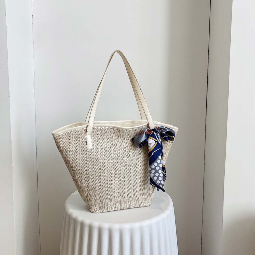 Summer Beach Straw Handbags with Silk Scarf Casual Large Capacity Ladies Daily Totes Bags Fashion Woven Women Shoulder Bags